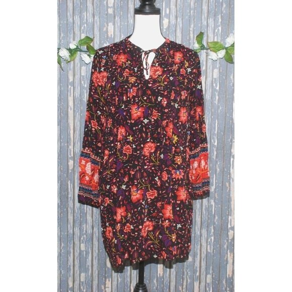 Old Navy Ladies Black Floral Blouse Top Size M Tunic Pleated Tie Up V-Neck LS - Picture 1 of 9